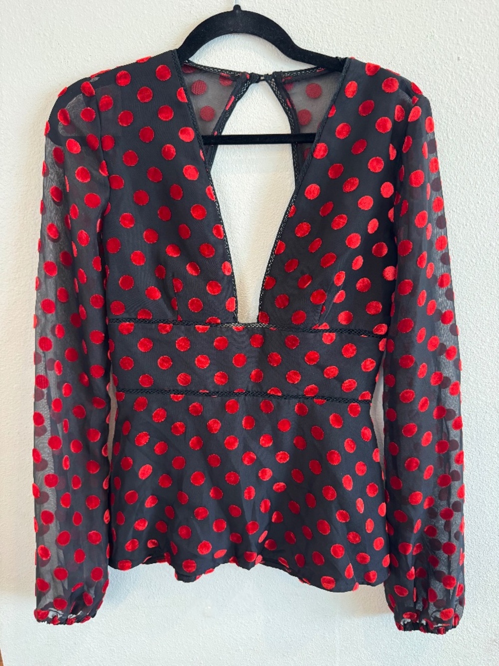 Sau Lee US 2 Black Red Polka Dot Sheer Sleeve Top
